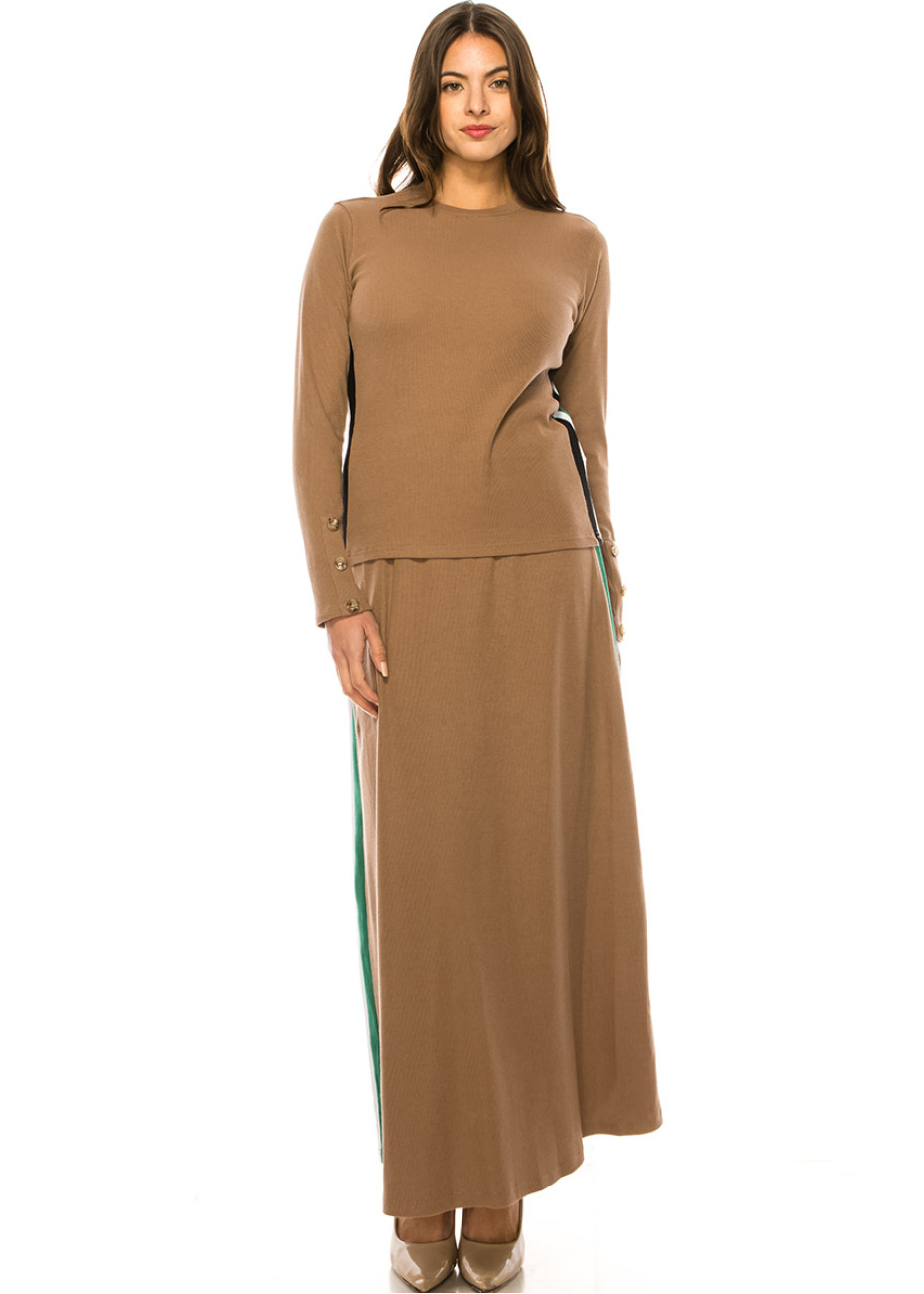 Camel Long Sleeve T-Shirt With Colorful Side Stripes | Modest